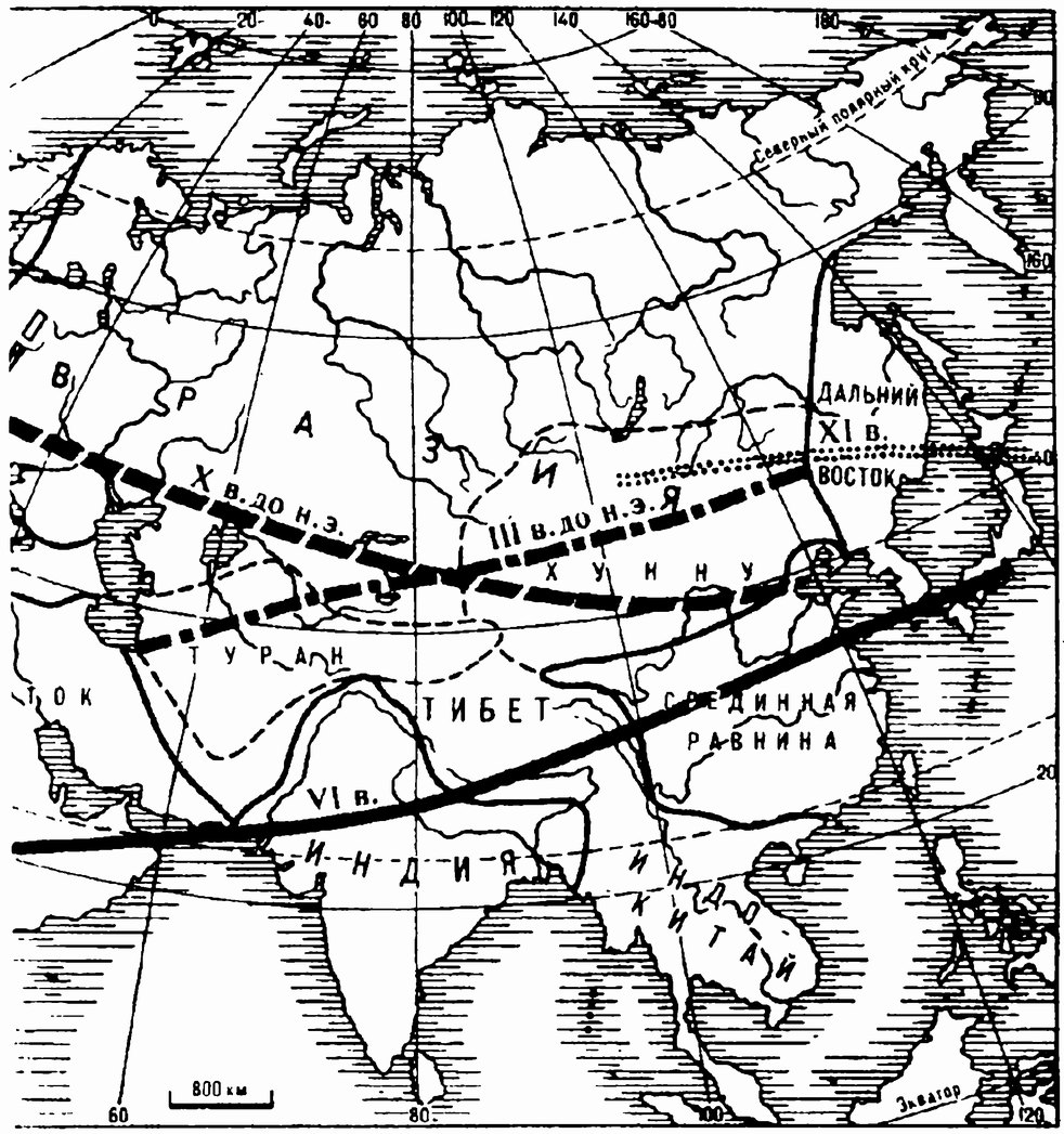 Карта пассионарных толчков в Евразии с X в. до н. э. до XV в. н. э