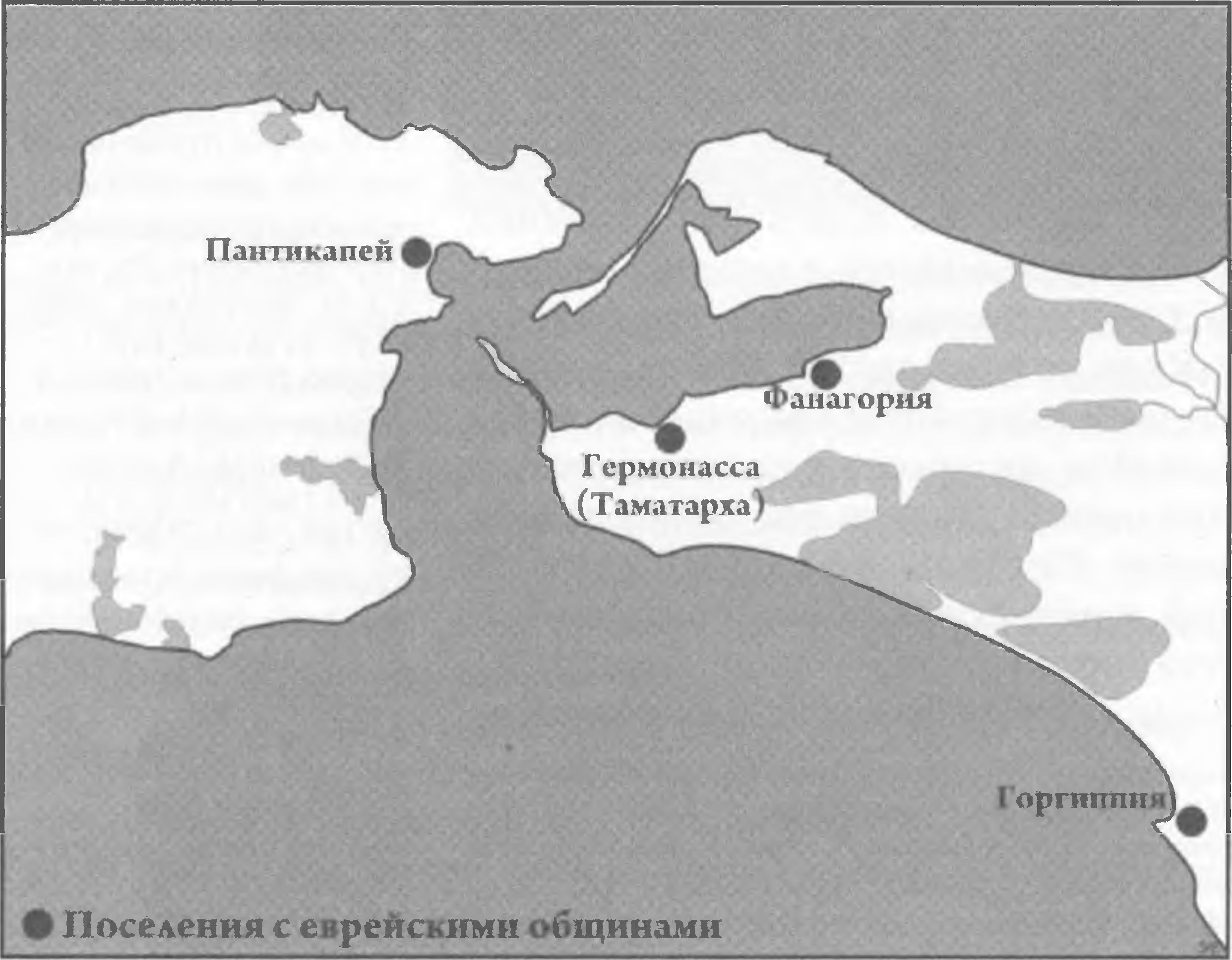 Карта поселений с еврейскими общинами на территории Керченского и Таманского полуостровов в античное время