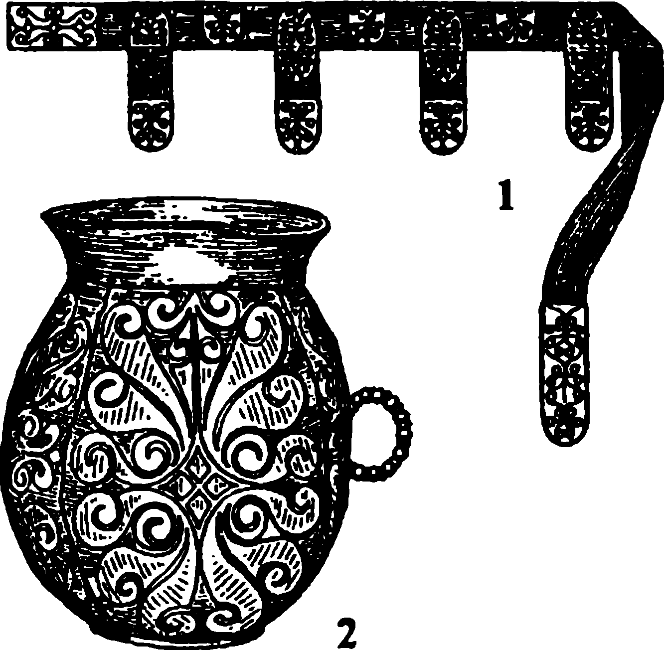 Рис. 14. Реконструкция пояса из Ясиново (1); золотая обкладка кувшина из Перещепина (2)