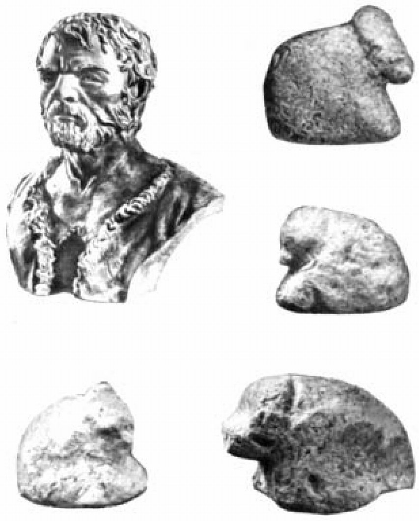 Мергелевые изображения мамонтов из Костенок 11, слой II и реконструкция кроманьонца из погребения на Костенках 2, выполненная М.М. Герасимовым
