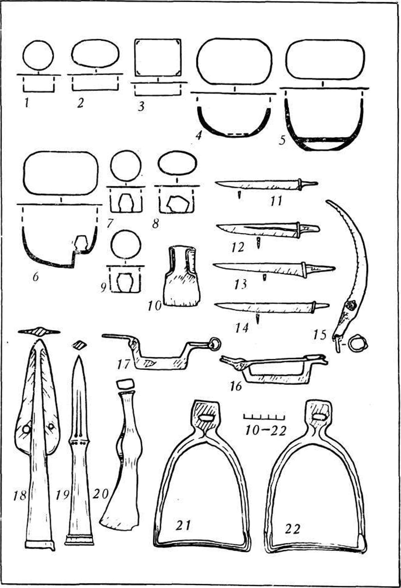 Рис. 9. Сухогомольшанский могильник. Типологические схемы погребений (1—9). Инвентарь комплекса XVI (10—22)