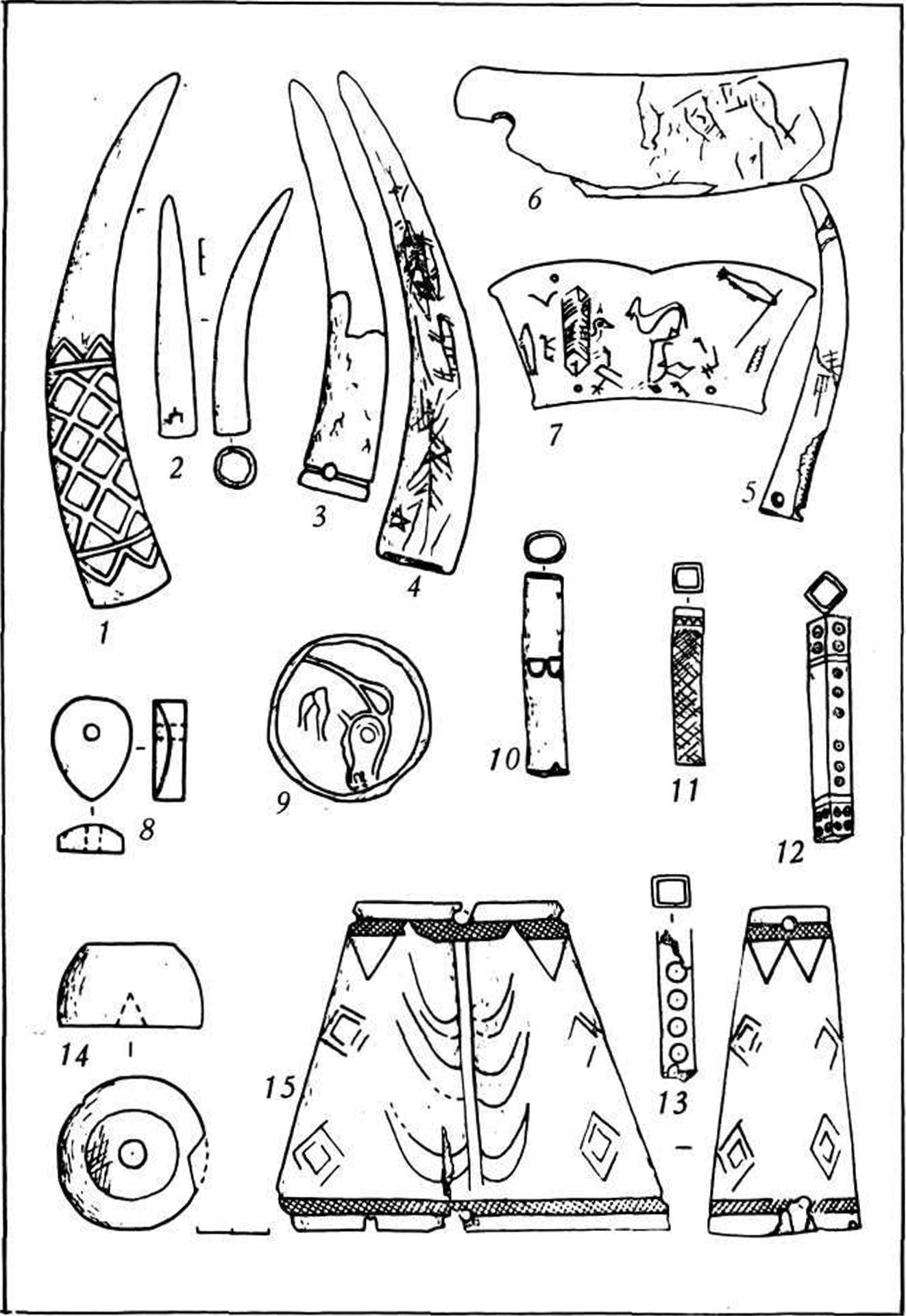 Рис. 20. Костяные (1—8, 10—15) и бронзовые (9) изделия