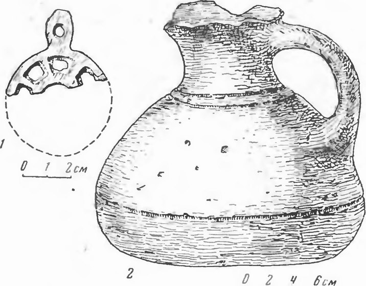 Рис. 2. Больше-Тарханский могильник. Вещи, обнаруженные в 1951 г. 1 — подвеска; 2 — сосуд