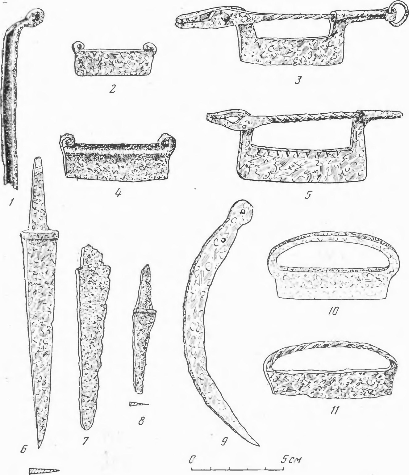 Таблица X. Больше-Тарханский могильник. Железные предметы. 1 — трубка от трута; 2—5, 10, 11 — кресала; 6—8 — ножи; 9 — серп