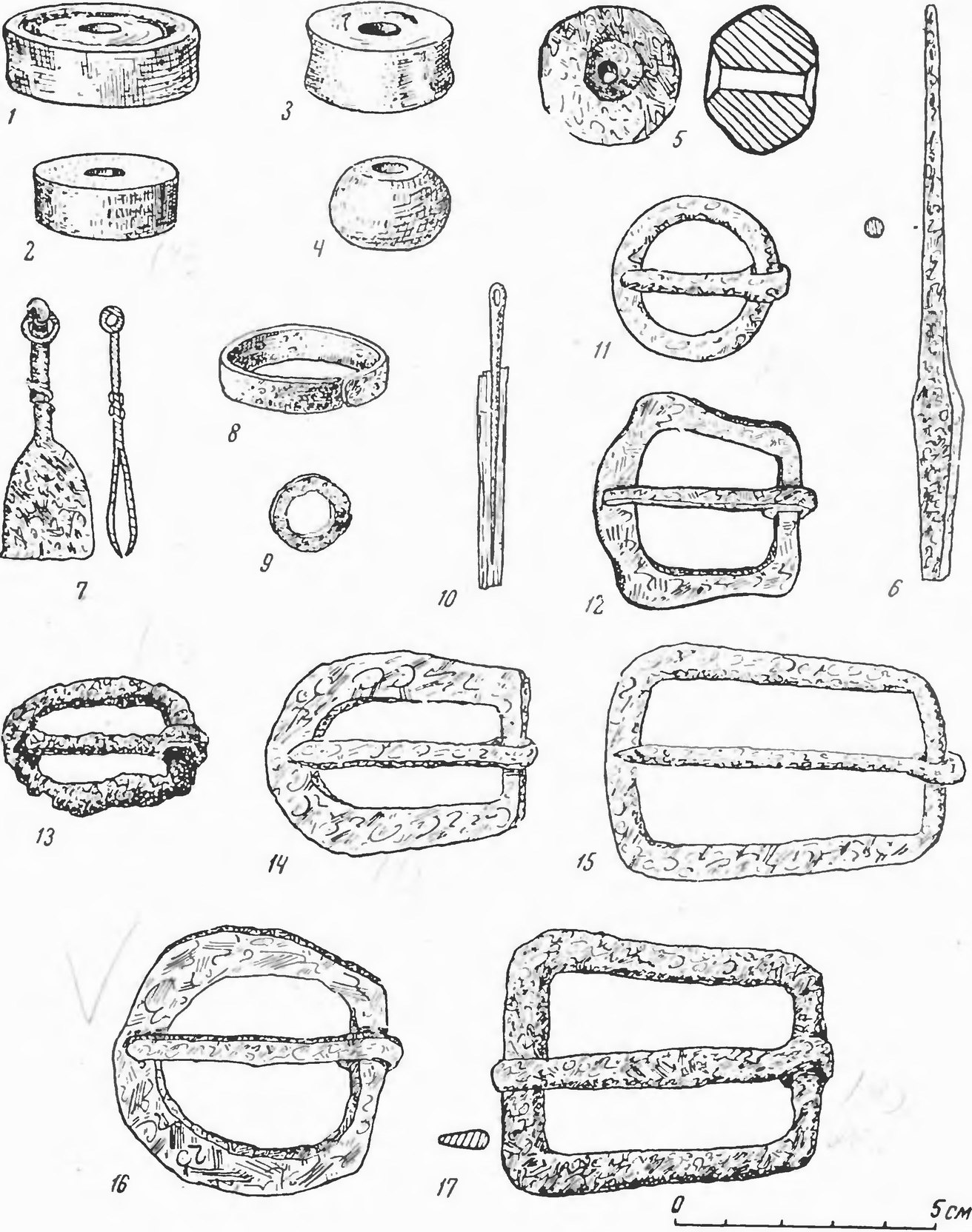 Таблица XI. Больше-Тарханский могильник. Железные и глиняные (1—4) предметы. 1—5 — пряслица; 6 — шило; 7 — щипчики; 8—9 — кольца; 10 — игла; 11—17 — пряжки