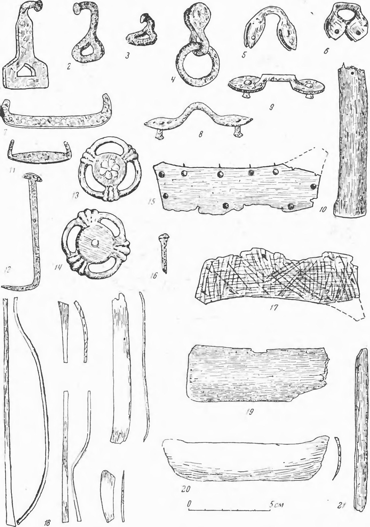 Таблица XIII. Больше-Тарханский могильник. Части от колчана. 1—3 — крючки; 4—6 — петли; 7 — скоба; 8, 9 — дужки; 10—20 — накладки и оковки; 1, 4, 7—9, 11 — железо; 5, 6, 13, 14 — медь и бронза; 10, 12, 15—21 — кость