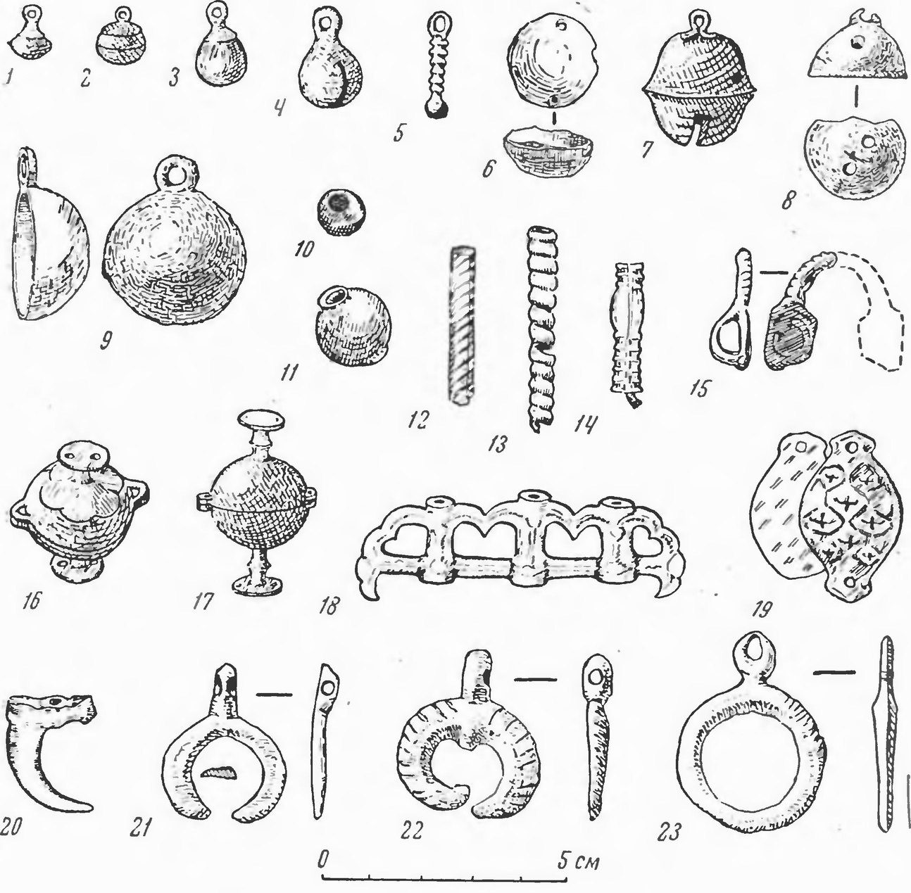 Таблица XV. Больше-Тарханский могильник. Украшения из бронзы и меди. 1—3 — пуговицы; 4—9, 15—23 — привески; 10—14 — пронизки