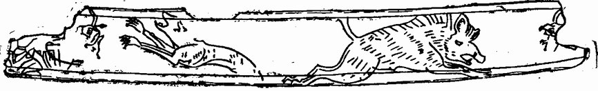 Обломок накладки от седла с изображением волка и кабана. Кость. Найден в кургане у села Чир-Юрт