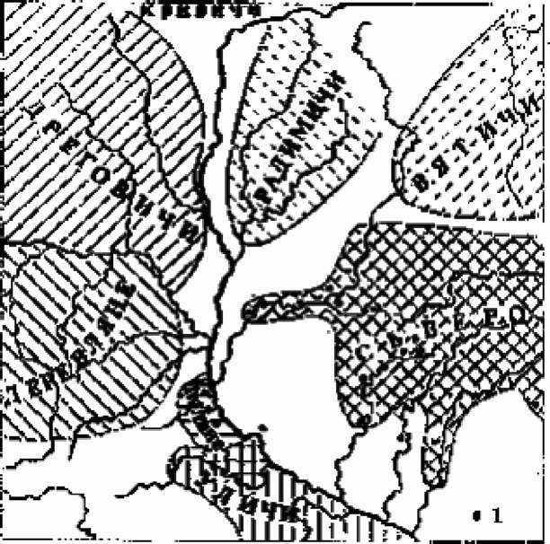 Славянские объединения в IX в. (до 882 г.) 1 — материалы волынцевского типа