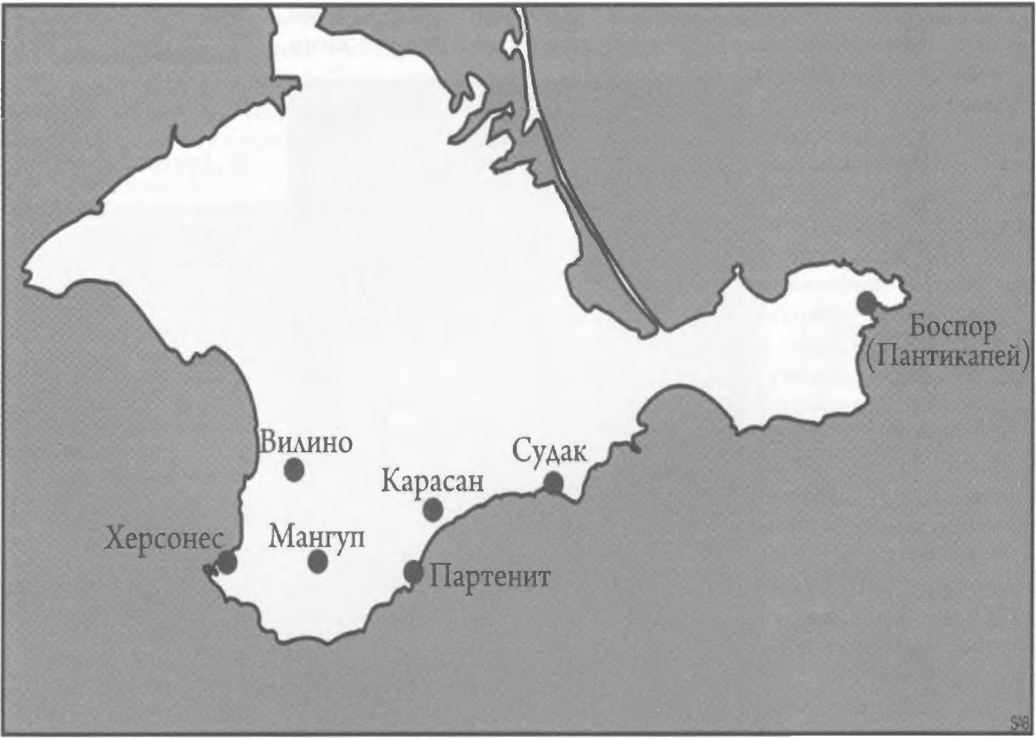Карта Крыма с указанием еврейских общин позднеантичного и раннесредневекового периода